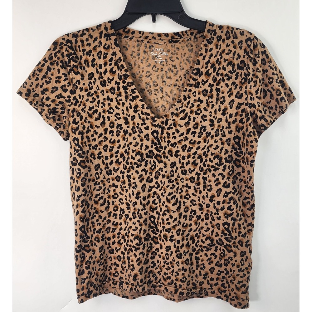 J. Crew Slub Cotton Tee V Neck Top Women's S Animal Print Brown Black Leopard